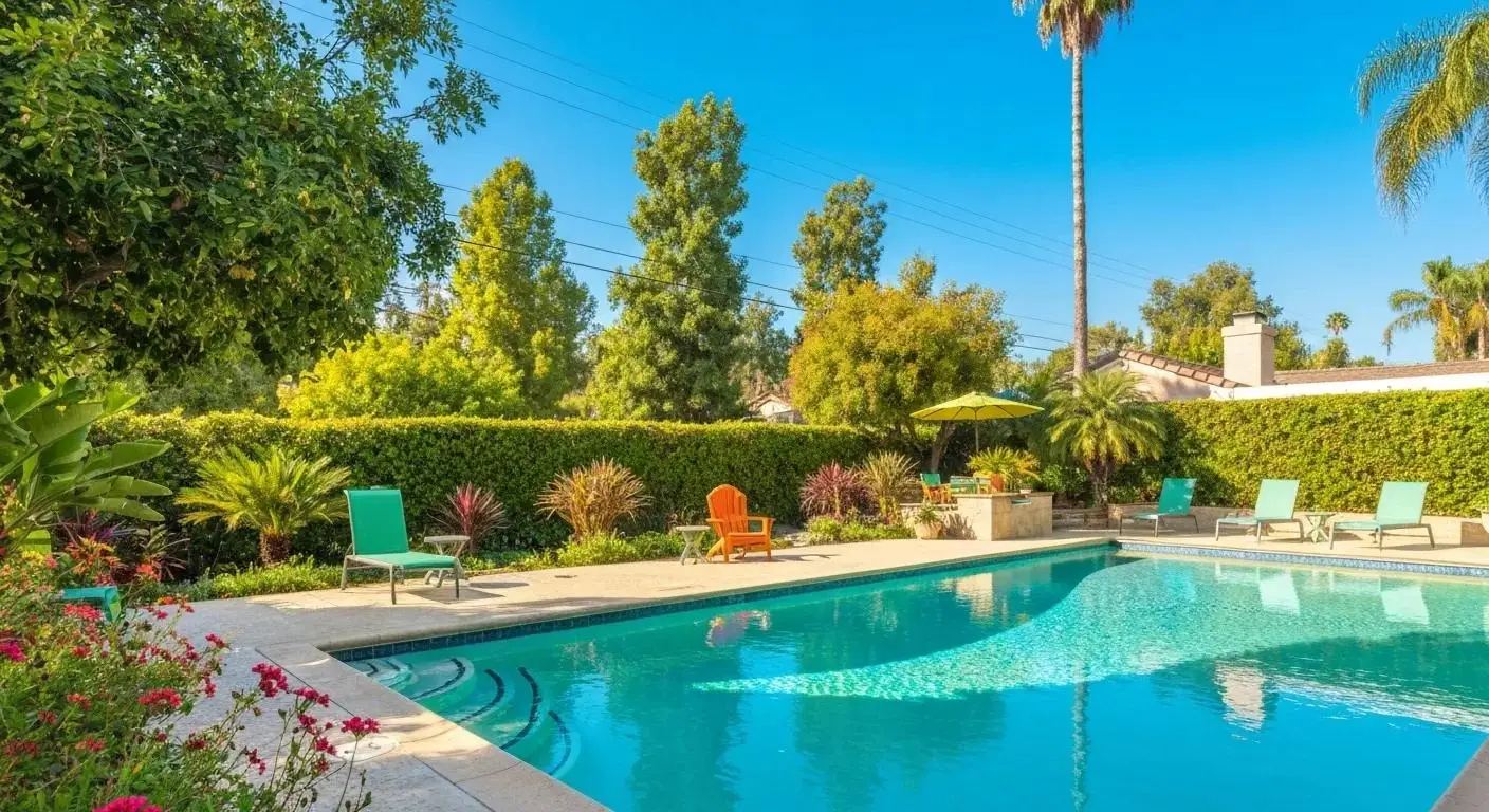 Sparkling swimming pool in a sunny Orange County backyard emphasizing the importance of pool maintenance
